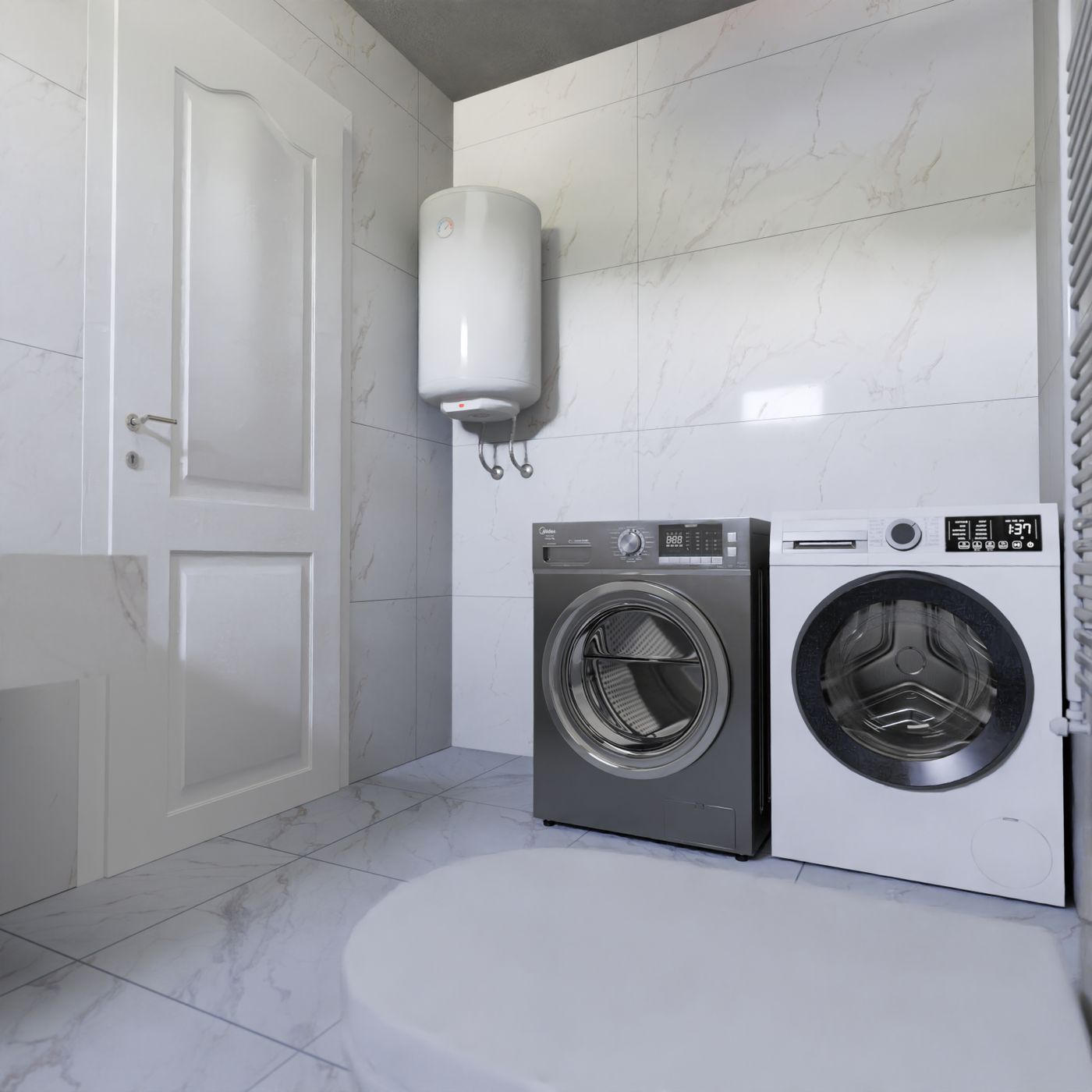 Wall-mounted water heater tank in a laundry room